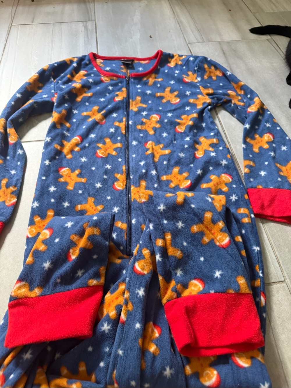 Women’s Navy Gingerbread Print Fleece Pajama One-Piece with Red Trim